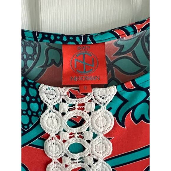 Tracy Negoshian Alina Burnt Orange and Blue Patterned A-Line Dress- Size S - Picture 3 of 5